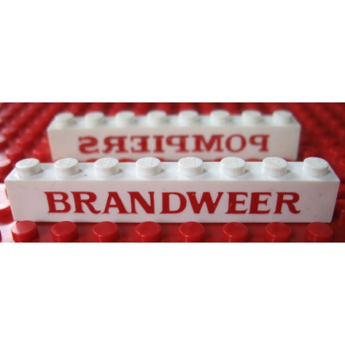 white brick 1 x 8 without bottom tubes with cross side supports with red brandweer on one and red pompiers pattern on the other side