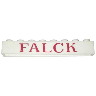 white brick 1 x 8 without bottom tubes with cross side supports with red falck pattern