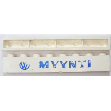 white brick 1 x 8 without bottom tubes with cross side supports with blue vw myynti pattern