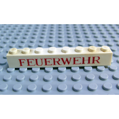 white brick 1 x 8 without bottom tubes with cross side supports with red feuerwehr pattern