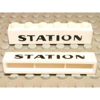 white brick 1 x 6 without bottom tubes with cross side supports with black station pattern