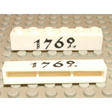 white brick 1 x 6 without bottom tubes with cross side supports with black 1762 pattern