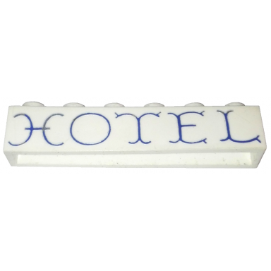 white brick 1 x 6 without bottom tubes with cross side supports with blue hotel curvy pattern