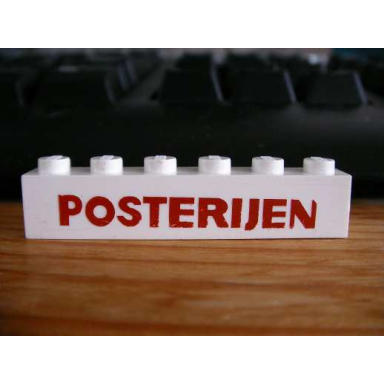 white brick 1 x 6 without bottom tubes with cross side supports with red posterijen bold pattern