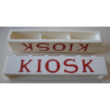 white brick 1 x 6 without bottom tubes with cross side supports with red kiosk serif pattern