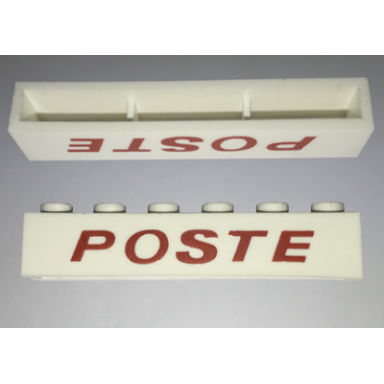 white brick 1 x 6 without bottom tubes with cross side supports with red poste thin slanted pattern