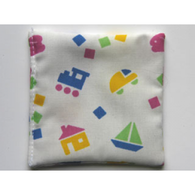 white duplo cloth 4 x 4 baby blanket with toys pattern
