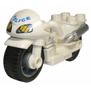 white duplo motorcycle with rubber wheels headlights and blue police pattern