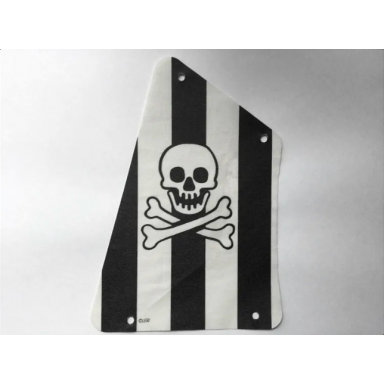 white cloth sail 2 with black stripes skull and crossbones pattern