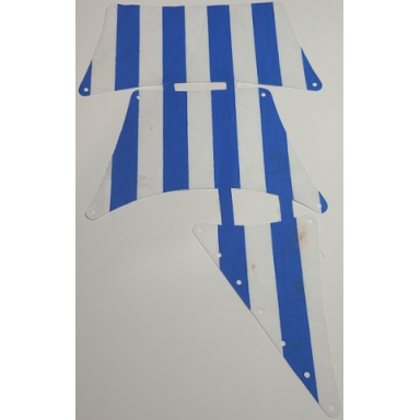 white cloth sail assembly of 3 sails with blue thick stripes pattern