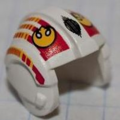 white minifigure headgear helmet sw rebel pilot with yellow rebel alliance symbol red and yellow stripes pattern