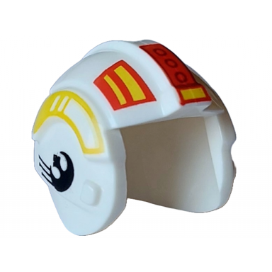white minifigure headgear helmet sw rebel pilot with red and yellow panels stripes rectangles dots and v-shapes and black rebel alliance symbol on sides pattern
