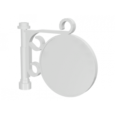white road sign round on pole with ornate top attachment