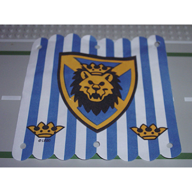 white cloth hanging 16 x 16 with blue stripes and lion head shield pattern