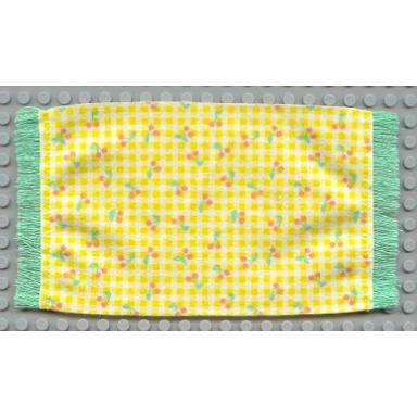 white scala cloth rug with cherries and yellow checkered pattern