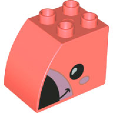 coral duplo brick 2 x 3 x 2 slope curved with lavender cheek and black eye beak and smile flamingo head pattern on both sides