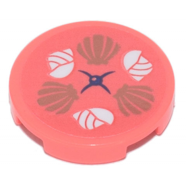 coral tile round 2 x 2 with bottom stud holder with seat cushion with white and gold seashells pattern sticker - set 41700