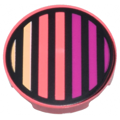 coral tile round 2 x 2 with bottom stud holder with black circle and bright light yellow and magenta stripes pattern