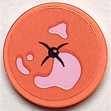 coral tile round 2 x 2 with bottom stud holder with cushion with bright pink paint splotches and black button pattern sticker - set 41739