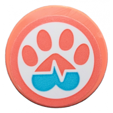 coral tile round 2 x 2 with bottom stud holder with coral and medium azure paw print and heart beat pattern sticker - set 41692