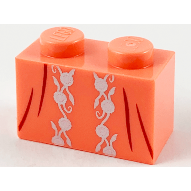 coral brick 1 x 2 with silver flower filigree and dark brown dress gather lines pattern