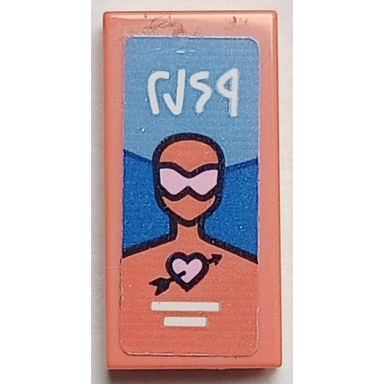coral tile 1 x 2 with comic character with bright pink mask heart with arrow white writing and lines pattern sticker - set 41739