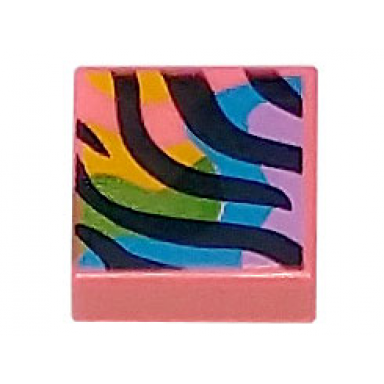 coral tile 1 x 1 with black tiger stripes over bright green bright light orange dark azure and medium lavender splotches pattern