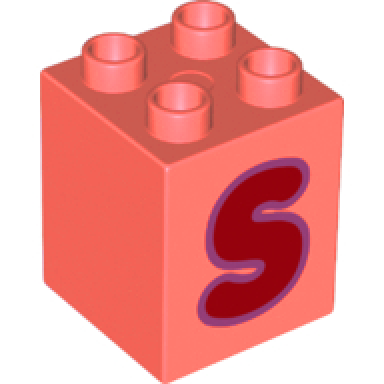 coral duplo brick 2 x 2 x 2 with red capital letter s with medium lavender outline pattern