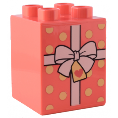 coral duplo brick 2 x 2 x 2 with present gift with white ribbon with bow and bright light yellow polka dots pattern