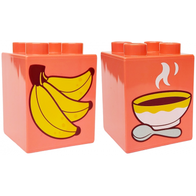 coral duplo brick 2 x 2 x 2 with yellow bananas with reddish brown outlines bowl with silver spoon pattern
