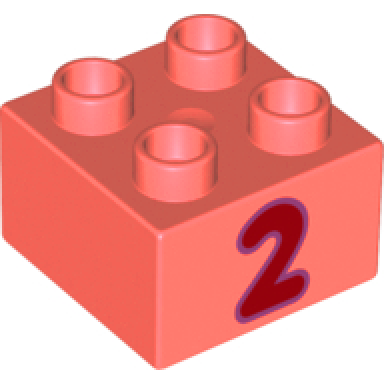 coral duplo brick 2 x 2 with dark red number 2 with dark purple outline pattern