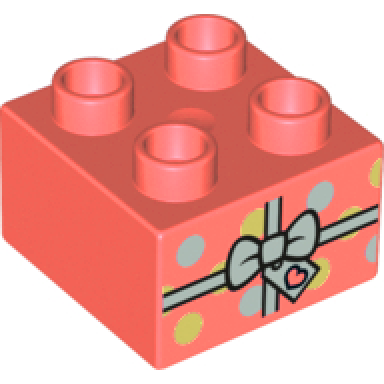 coral duplo brick 2 x 2 with present gift with white bow and polka dots pattern