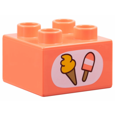 coral duplo brick 2 x 2 with ice cream cone and popsicle in white oval pattern