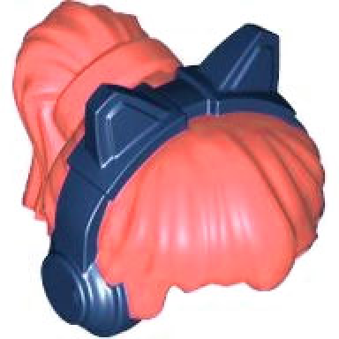 coral minifigure hair female with high ponytail with molded dark blue headphones with cat ears pattern