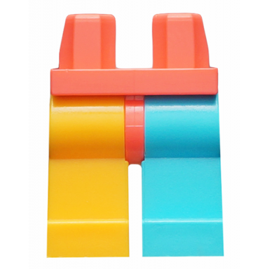 coral hips and 1 medium azure left leg 1 bright light orange right leg