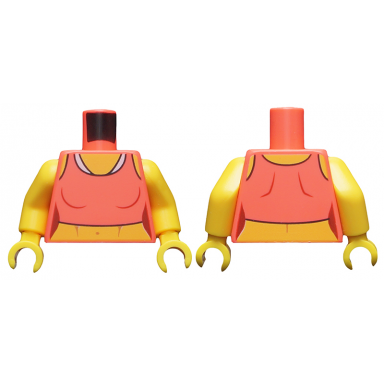 coral torso female midriff tank top with white neck hem pattern yellow arms yellow hands