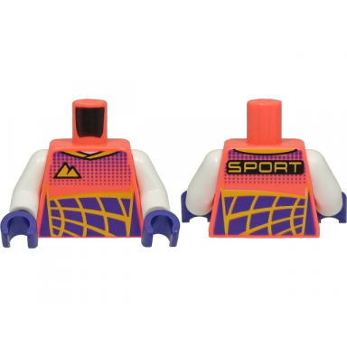coral torso racing suit bright light orange mountains logo dark purple dots and panels sport on back pattern white arms dark purple hands