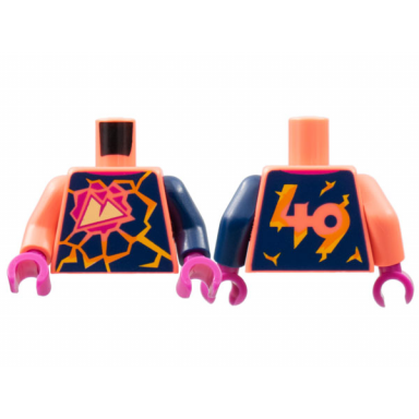 coral torso lego sport mountains logo orange lava cracks in black rock 49 on back pattern dark blue arm left coral arm right magenta hands