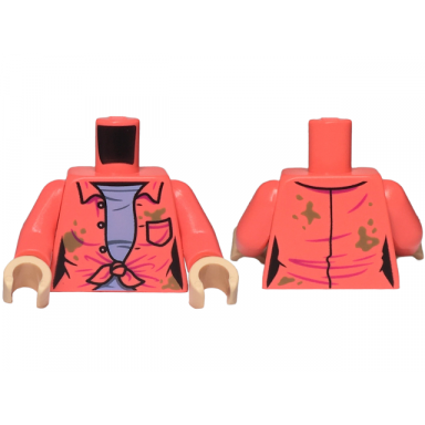 coral torso female open shirt tied with buttons and pocket over bright light blue shirt dark tan dirt spots pattern coral arms light nougat hands