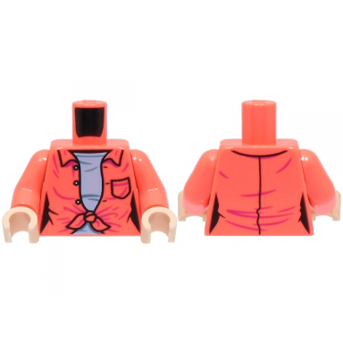 coral torso female open shirt tied with buttons and pocket over bright light blue shirt pattern coral arms light nougat hands