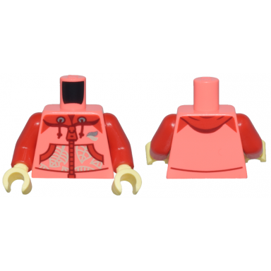 coral torso hoodie with red pockets zipper and hood dark red string ends light bluish gray and silver waves and leaves pattern red arms bright light yellow hands