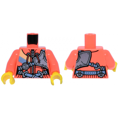 coral torso female hoodie with drawstrings zipper and bright light yellow and metallic light blue stripes silver shoulder armor straps with buckles pattern coral arms yellow hands