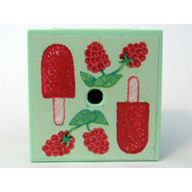 light green container box 3 1 2 x 3 1 2 x 1 1 3 with hinged lid with raspberries and ice pop freezer lollipop lolly pole popsicle stick pattern sticker - set 3116