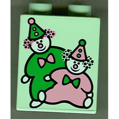 light green duplo brick 1 x 2 x 2 with two clowns pattern