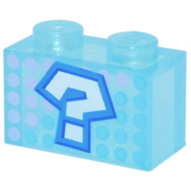 satin trans-light blue brick 1 x 2 without bottom tube with white question mark with dark azure and blue outline dark pink and medium azure dots pattern super mario item box