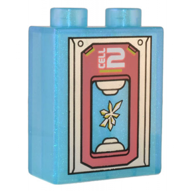 satin trans-light blue duplo brick 1 x 2 x 2 with silver and coral panel holding white and yellow crystal specimen and white cell 2 pattern