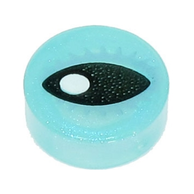 satin trans-light blue tile round 1 x 1 with black eye with white pupil and metallic light blue eyelashes pattern