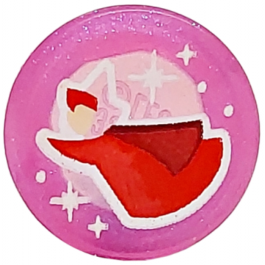 satin trans-dark pink tile round 1 x 1 with fairy godmother flora light nougat face red cloak white dots and sparkles pattern
