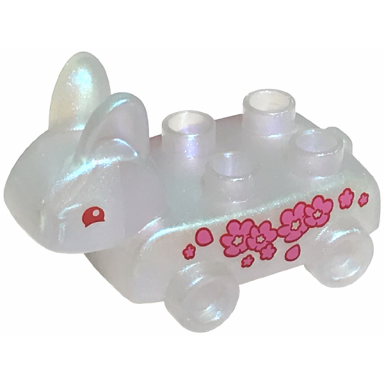 satin trans-clear duplo pull toy bunny rabbit on wheels with red eyes and dark pink flowers pattern