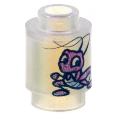satin trans-clear brick round 1 x 1 with medium lavender insect with bright light blue abdomen pattern mulan cri-kee the cricket